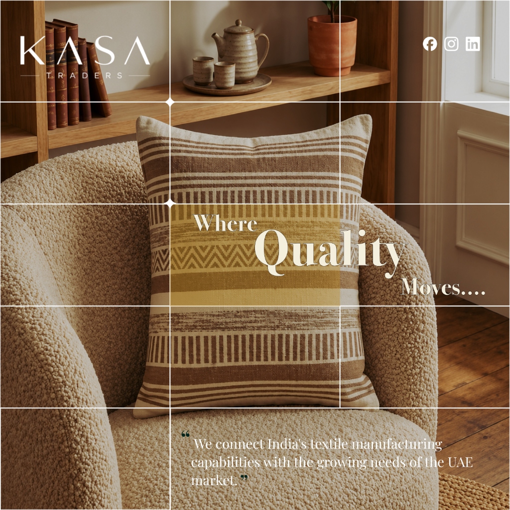 Kasa Traders 9-grid campaign with boucle armchair and tribal cushion