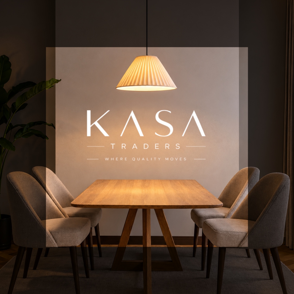 Kasa Traders dining room staging with conical pleated pendant lamp and natural oak wood table