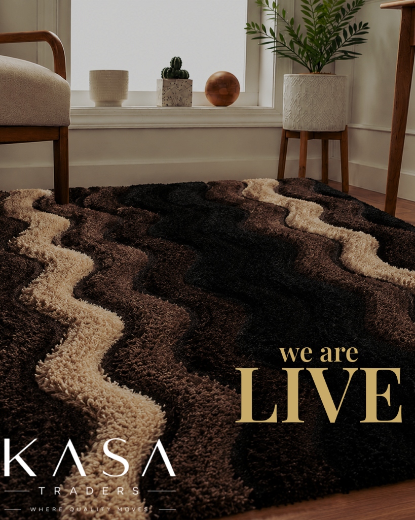 Kasa Traders 'We are LIVE' campaign featuring luxury wavy shag rug in modern interior